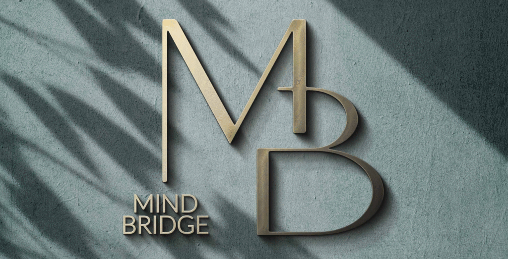 Elegant gold 3D logo design for Mind Bridge on concrete wall background, created for corporate branding and visual identity marketing.